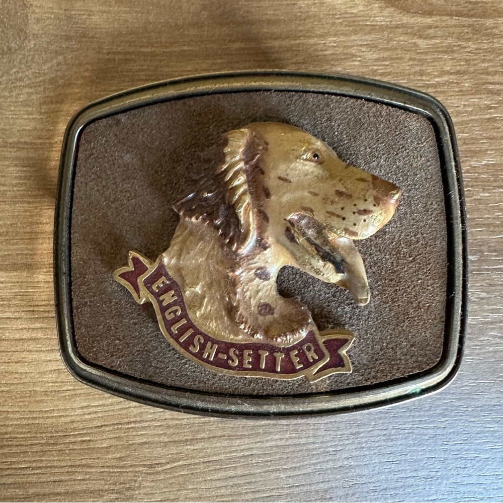 English Setter Dog vintage belt buckle WOOF